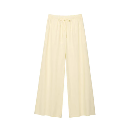 HH Women Chic Solid Simple Wave Edge V-Neck Puff Sleeves Short Shirt Top+High Waist Draw Rope Design Casual Loose Trousers