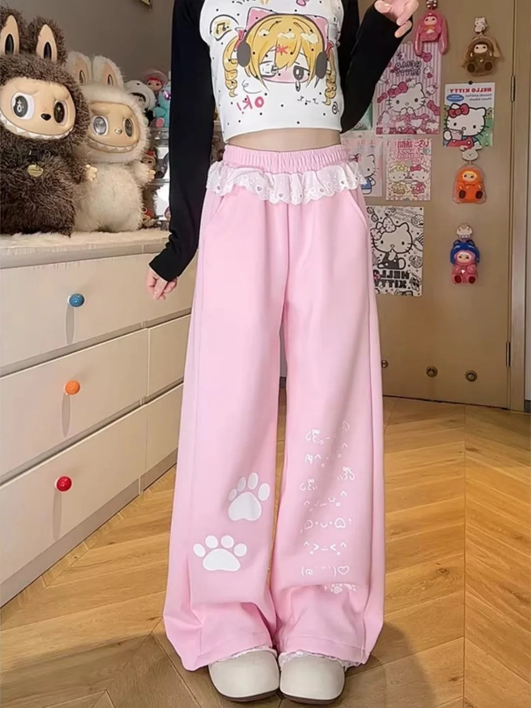 Sweet Cartoon Print Wide Leg Pants Women's High Waist Straight Lace Splice Casual Sports Sweatpants Breathable Cotton Blend