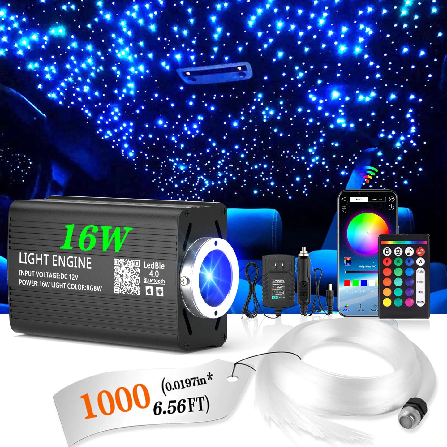 12W Car Roof Star Light 500/1000Pcs Fiber Optic Headliner Star Ceiling Light Kit Led Atmosphere Light with RGB Music APP Control