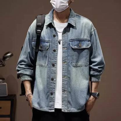Heavy Industry Washed Denim Jacket Men's Spring and Autumn New Trendy Brand Handsome Tooling Jacket Loose Retro Denim Shirt