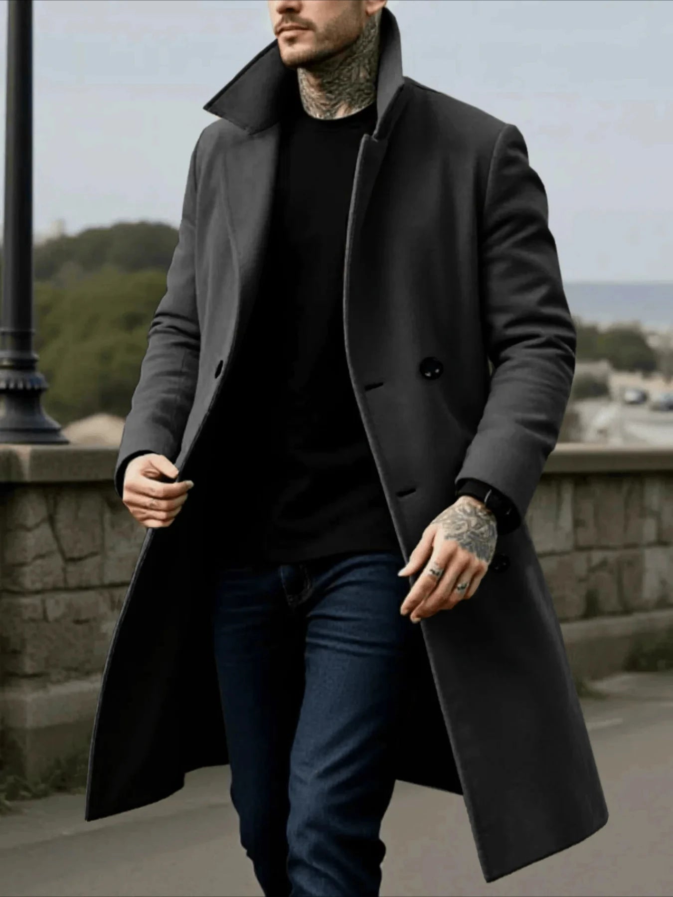 Men's Winter Mid-Length Coat Woolen Warm Coats Lining Double Breasted Lapel Jacket Street Wear Men's Clothing Outerwears