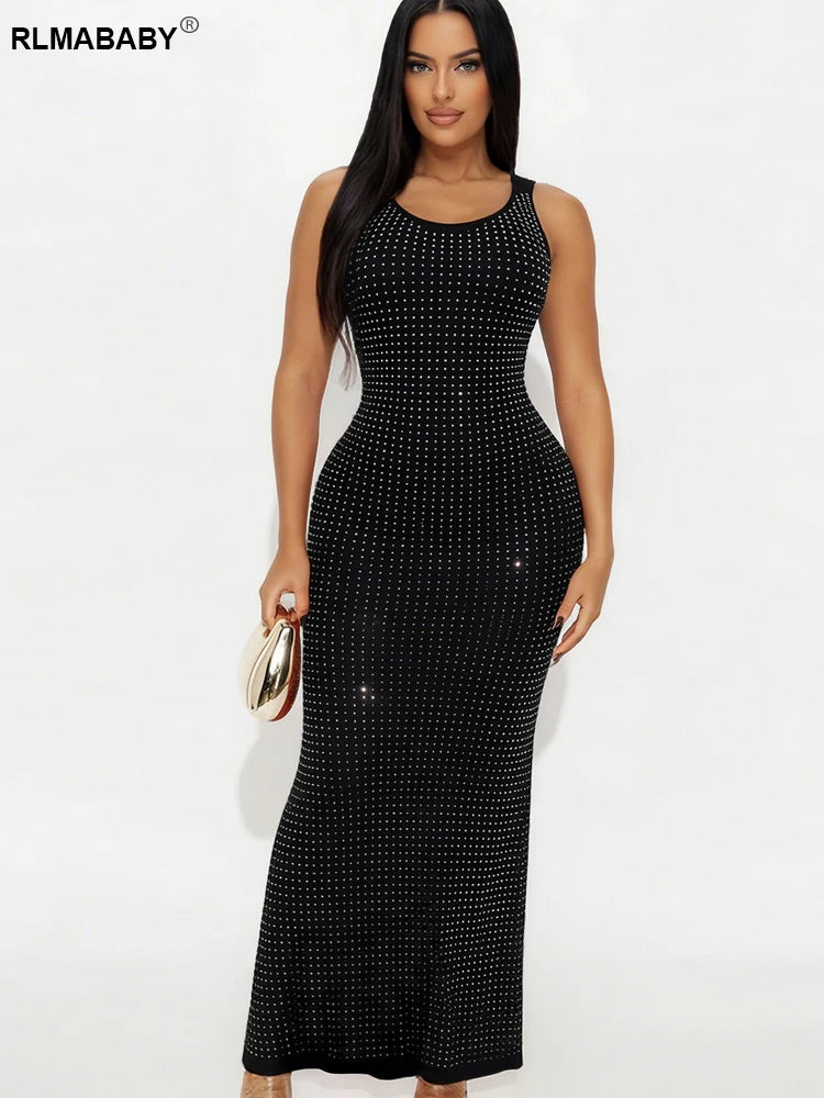 RLMABABY Sexy Swinging Collar Diamond Women Club Bodycon Dress Sleeveless Backless Evening Party Long Prom Dress