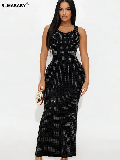 RLMABABY Sexy Swinging Collar Diamond Women Club Bodycon Dress Sleeveless Backless Evening Party Long Prom Dress
