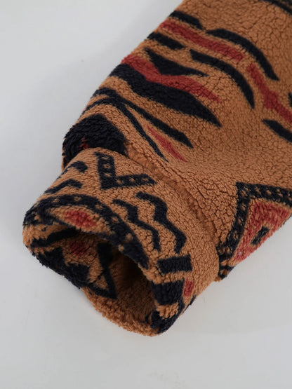 Men's Retro Ethnic Geometric Print Fleece Shirt Jacket Winter Thick Warm Sherpa Casual Coat