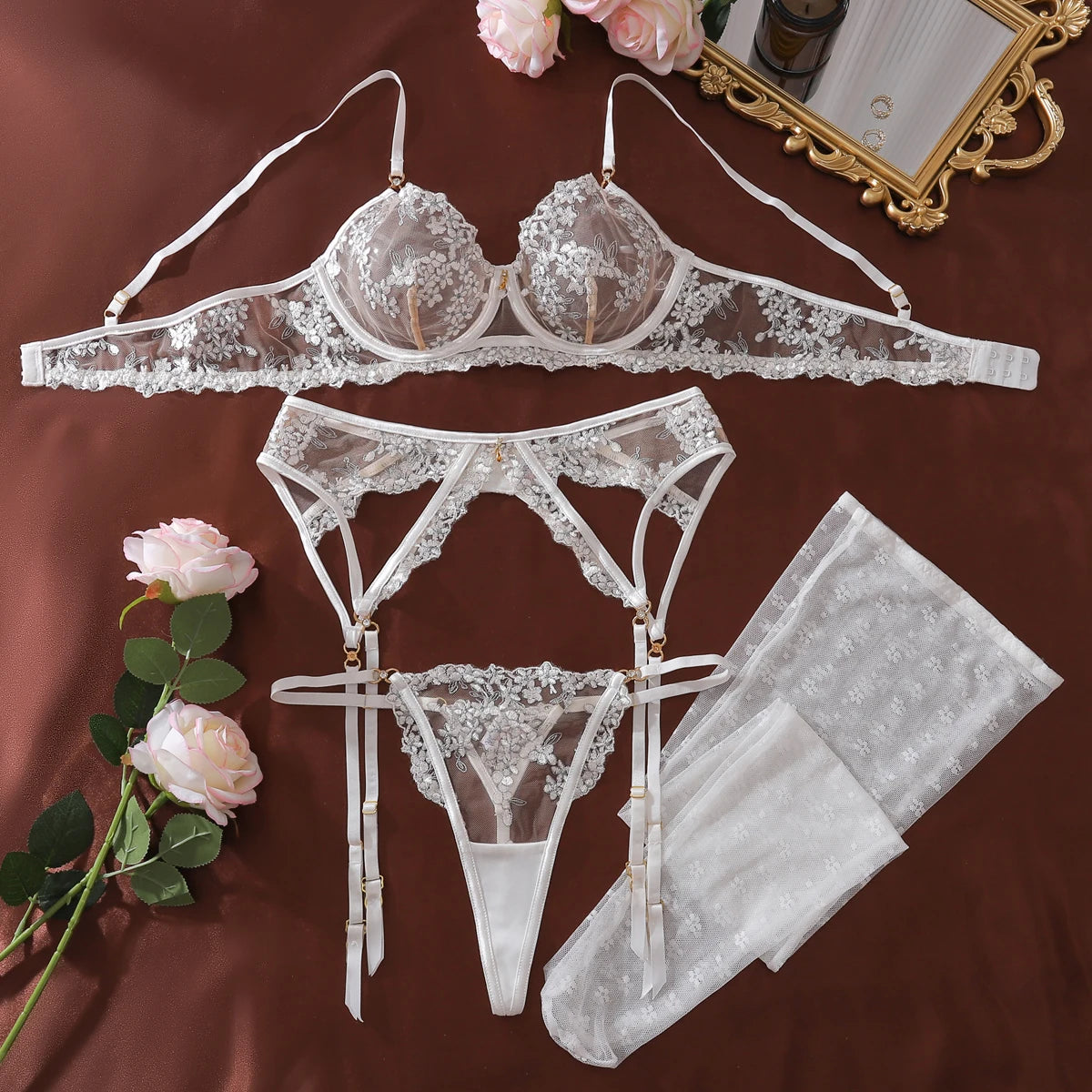 Ellolace Willowy Lingerie Sexy Women Honey Floral Embroidered Bra Belt Thong 3PC Mesh Stockings Romantic Boudoir Wedding Outfit