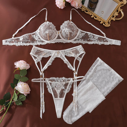 Ellolace Willowy Lingerie Sexy Women Honey Floral Embroidered Bra Belt Thong 3PC Mesh Stockings Romantic Boudoir Wedding Outfit