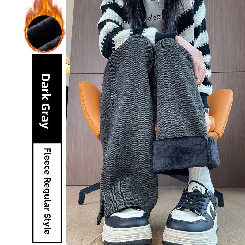 Thickened Fleece Wide Leg Pants High Waist Trousers for Women Casual Autumn Winter Slimming Warmth Pants Korean Style
