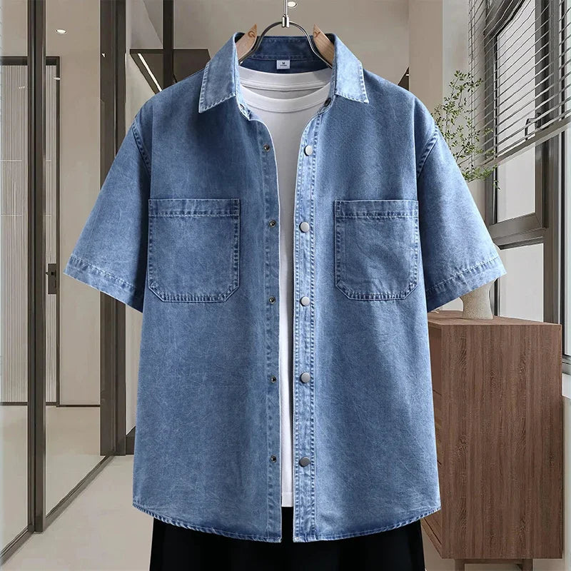 Men's Thin Denim Shirt New Summer Fashion Breathable Cotton Blend Casual Short Sleeve Shirt Solid Color Daily Commute Streetwear