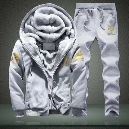 Wolf Czuadlte2024New Winter Men's Sports Set Casual Pants Hooded Sweater Youth Large Plus Plush Thickened Cardigan Two Piece Set