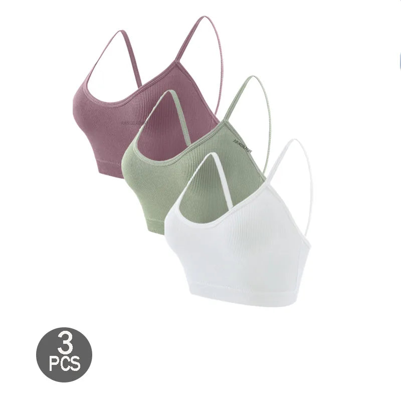 3PCS Women's Ribbed Cotton Bra With Chest Cushion Beautiful Back Sling Tank Top for Yoga Girl's Shock-absorbing Sports Underwear