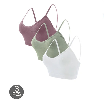 3PCS Women's Ribbed Cotton Bra With Chest Cushion Beautiful Back Sling Tank Top for Yoga Girl's Shock-absorbing Sports Underwear