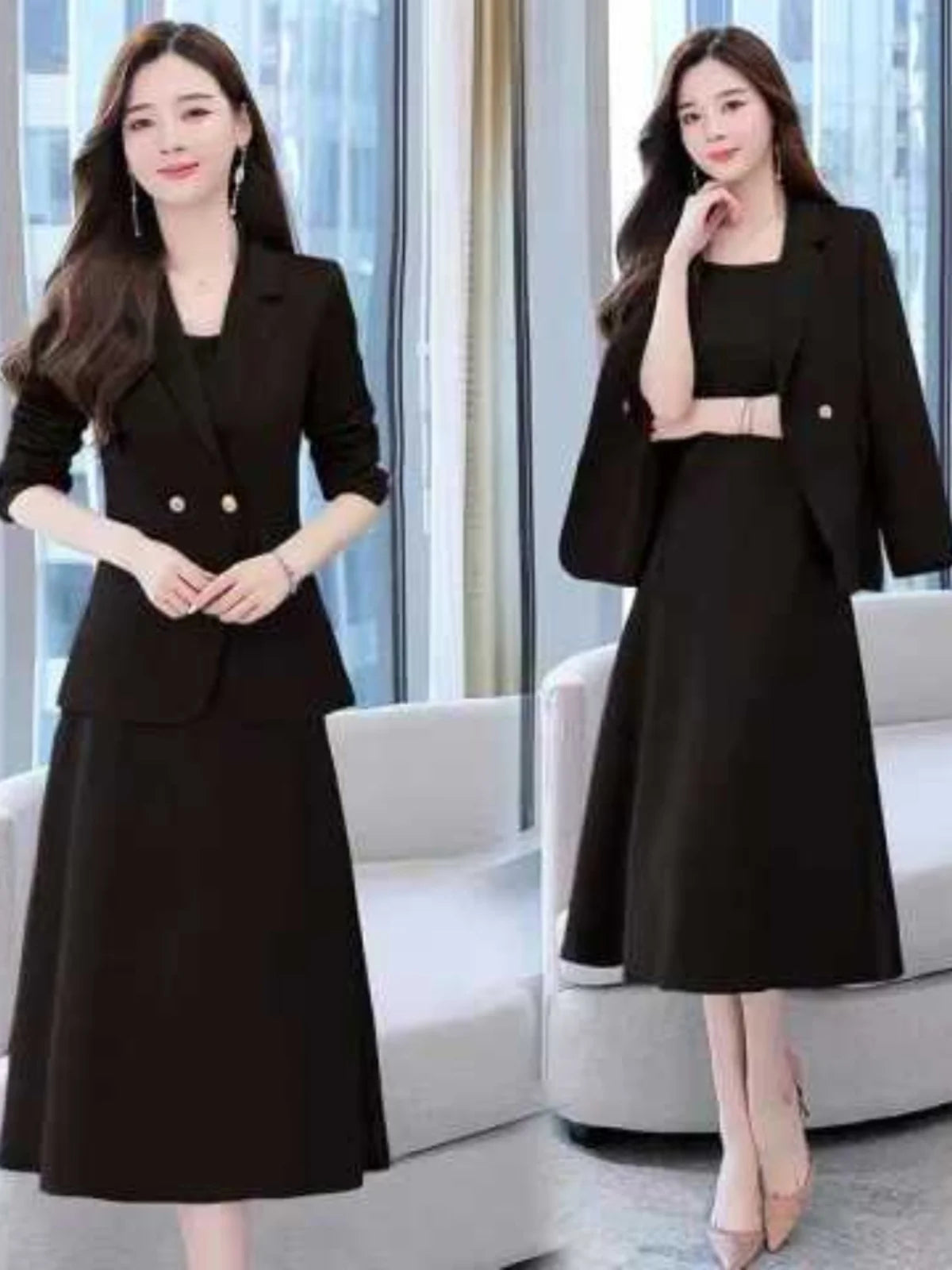 plus Size Women's Dress Suit Set Sleeveless Long Dress with Jacket Autumn Fashion Slimming Two-Piece Set High Waist Korean Style