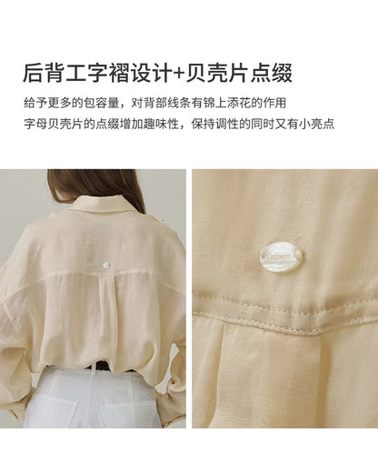 100% Ramie Thin Breathable Women Shirt Chic French Lapel Single-Breasted Cardigan Ladies Loose Simple Long-Sleeved Shirts