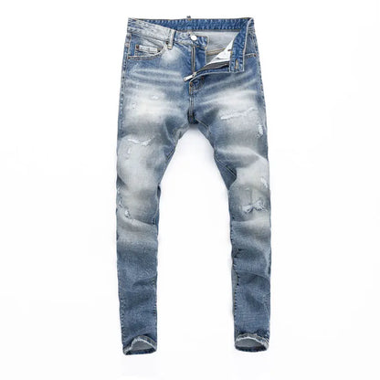 Fashionable new light blue men's jeans, elastic slim fit, washed with nostalgia, color distressed patch jeans, hip-hop brand pan