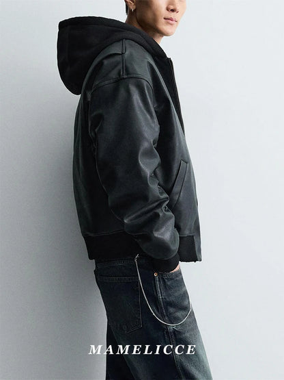 MAMELICCE Original design Hooded Splicing Faux leather jacket Men's clothing Thickened coat Cotton jackets Autumn and winter top