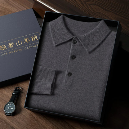 MVLYFLRT 2023 Men's New Polo Shirt Long Sleeve 100% Cashmere Knitted Pullover Solid Color Sweater Casual Business Office PL-2312