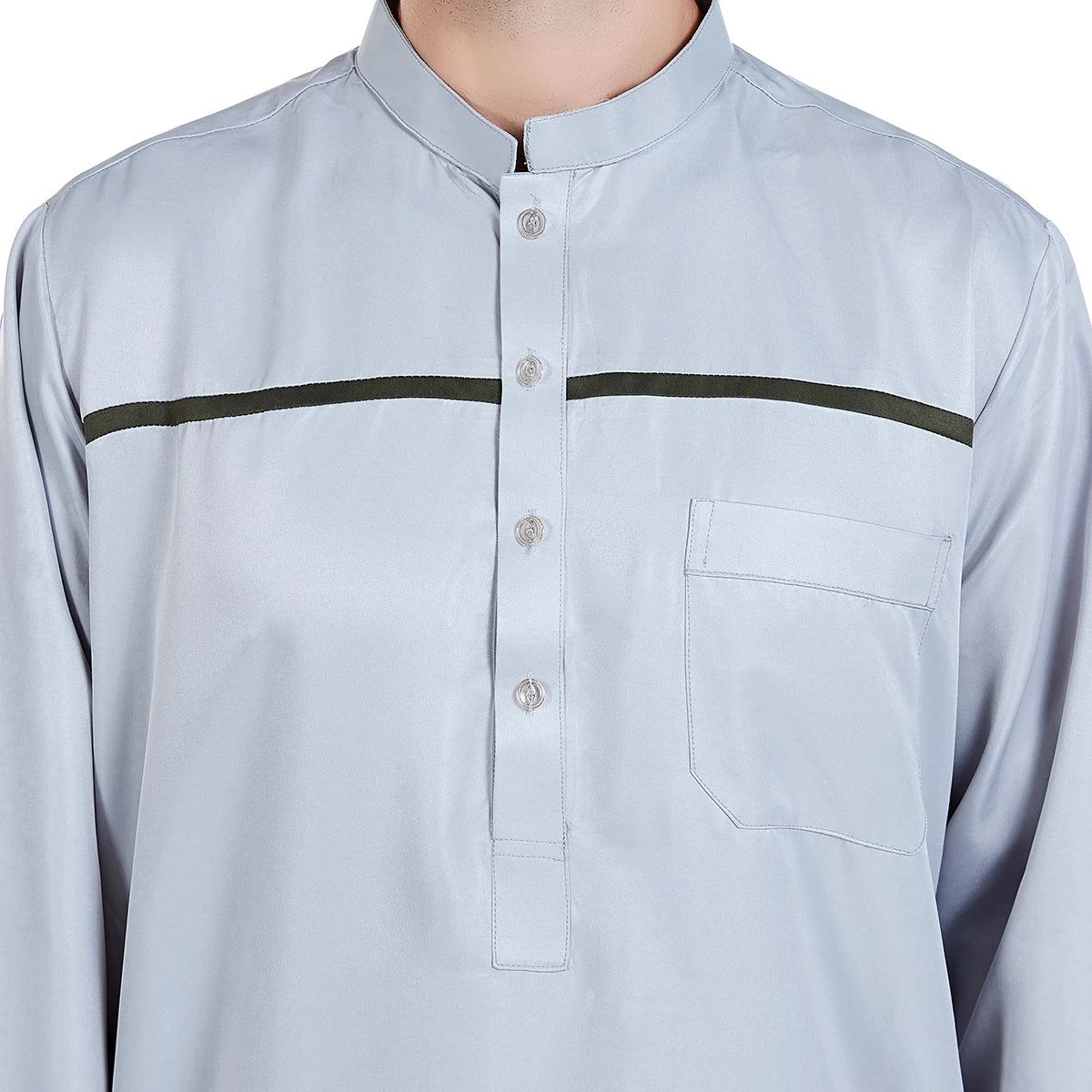 TH818 Men's Muslim Middle Eastern Men Long Sleeves Stand Collar Color-matching Button Robe Ramadan Eid Jubba Thobe