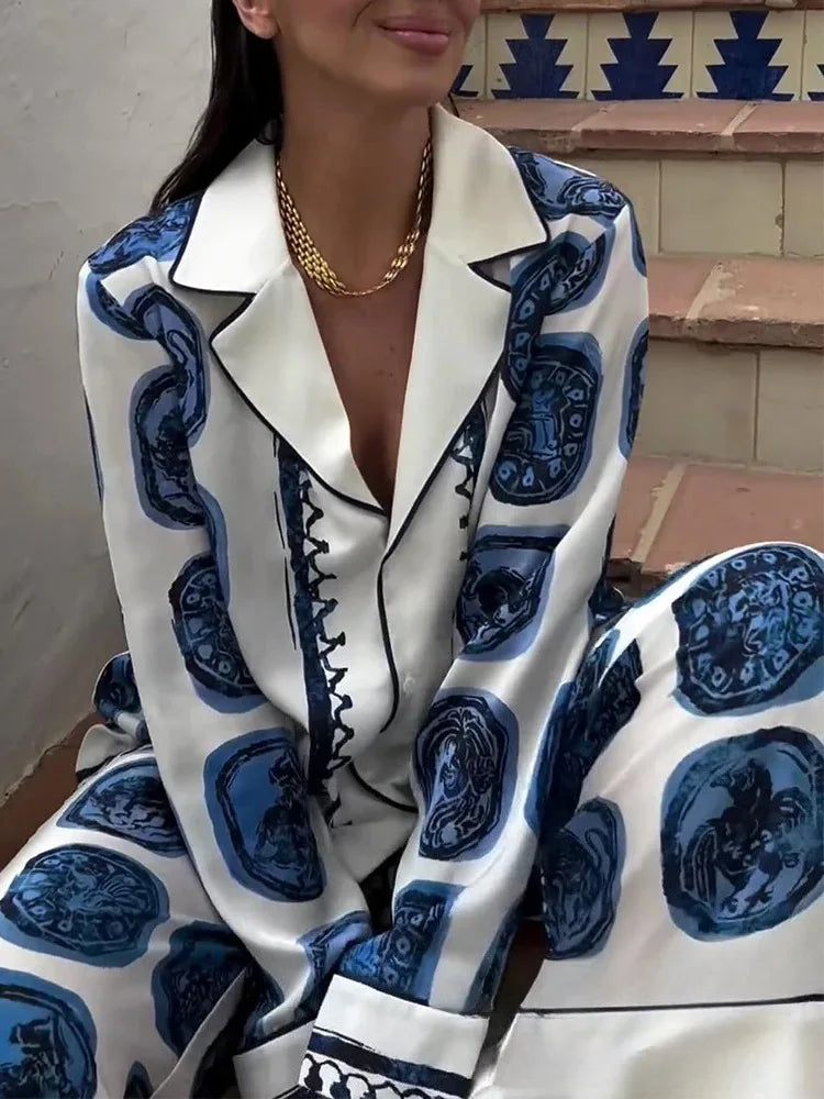 KONDALA Vintage Casual Print Women Suit Single Breasted V Neck Shirts+Loose Wide Leg Long Pants Fashion 2024 Autumn Women Sets
