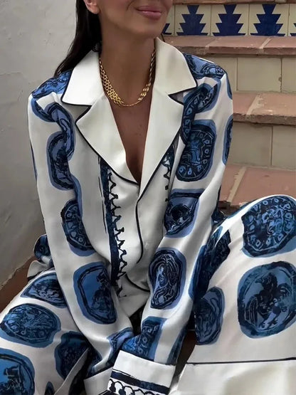 KONDALA Vintage Casual Print Women Suit Single Breasted V Neck Shirts+Loose Wide Leg Long Pants Fashion 2024 Autumn Women Sets
