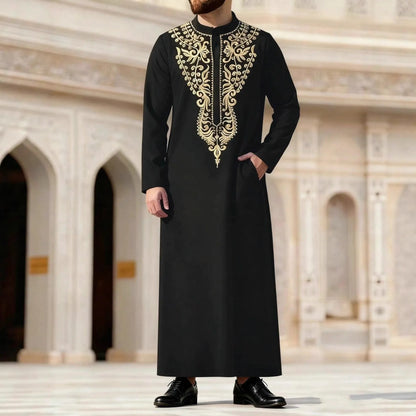 2026 New Ethnic Style Long Sleeve Stand Collar Embroidered Loose Fit Saudi Arabian Men's Robe Ramadan Dubai Luxury Islam Elegant