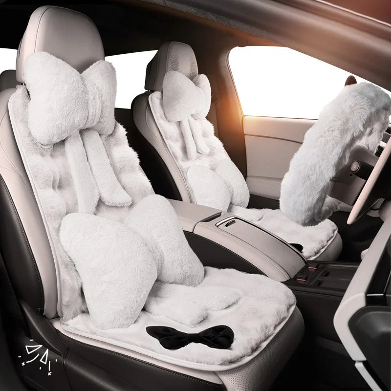 Winter Plush Car Seat Cover Bowknot Fashion Cute Women's Automotive Interior Protector Steering Wheel Warm Cushion Car Pillow