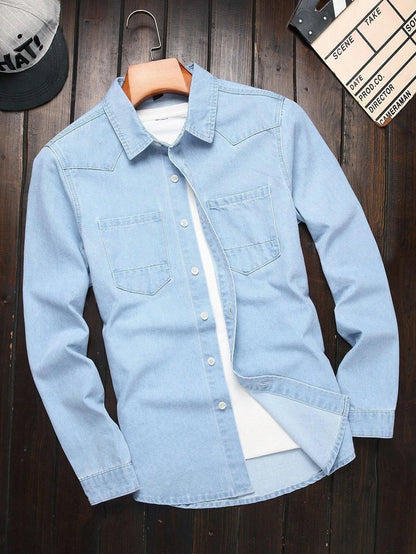 Men Light Blue Washed Denim Shirts Long Sleeve Button Down Casual Shirts With Dual Chest Pockets Western Style Work Shirts