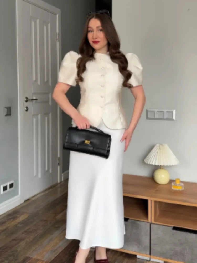 Women's Elegant Puff Sleeve Blouse Stand Collar Single-breasted Fitted Peplum Top Female Office Formal Occasions Cozy Clothes