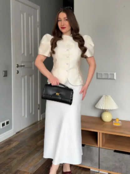 Women's Elegant Puff Sleeve Blouse Stand Collar Single-breasted Fitted Peplum Top Female Office Formal Occasions Cozy Clothes