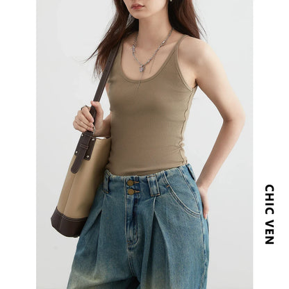 CHIC VEN Women Tanks New Multi Color Optional U-neck Slim Fit Camisole Vest Short Top Basic Underwear Spring Summer 2024