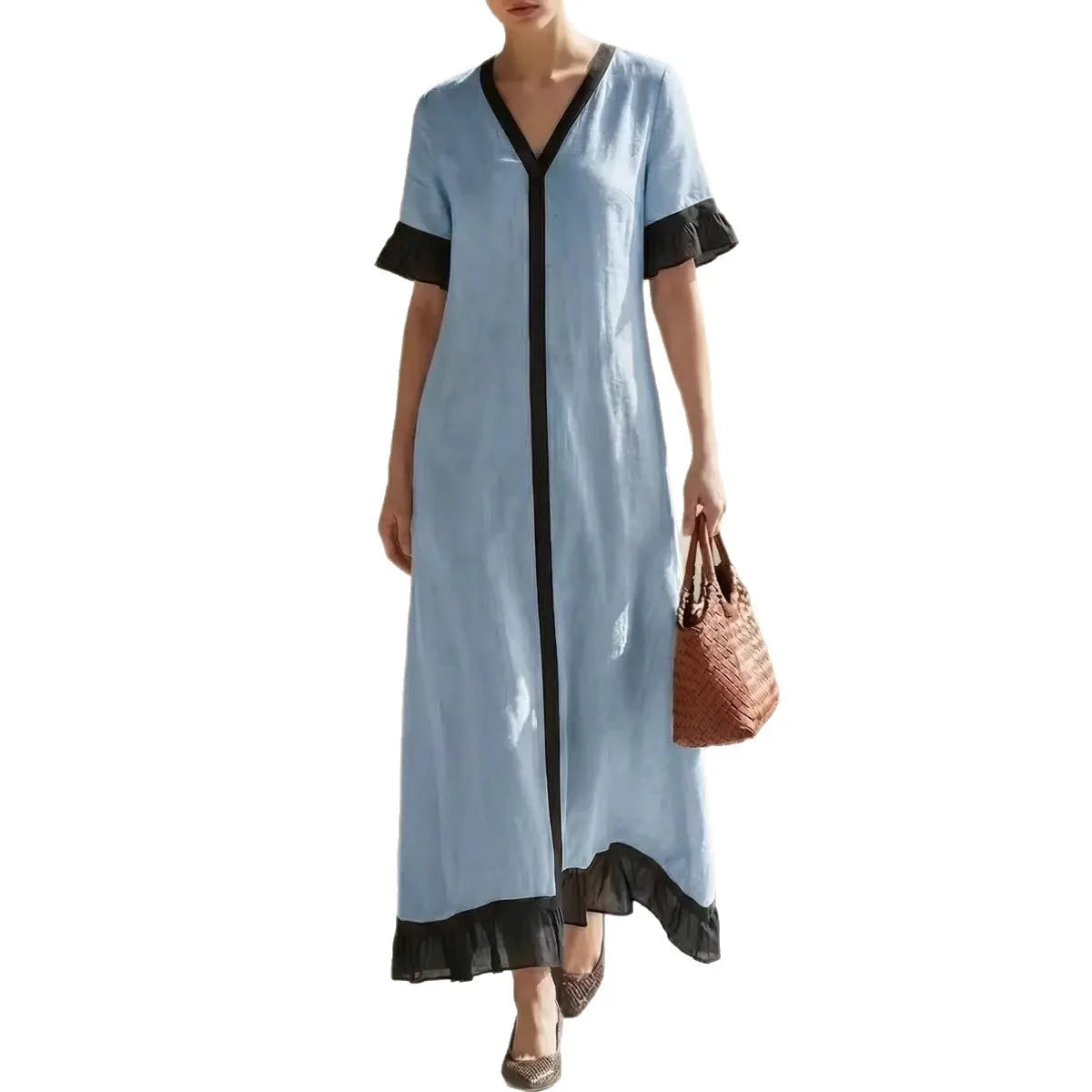 Summer Women Color Block V-Neck Short Sleeve Dress Loose Fit Long Maxi Dress Elegant Casual Beach Outfit