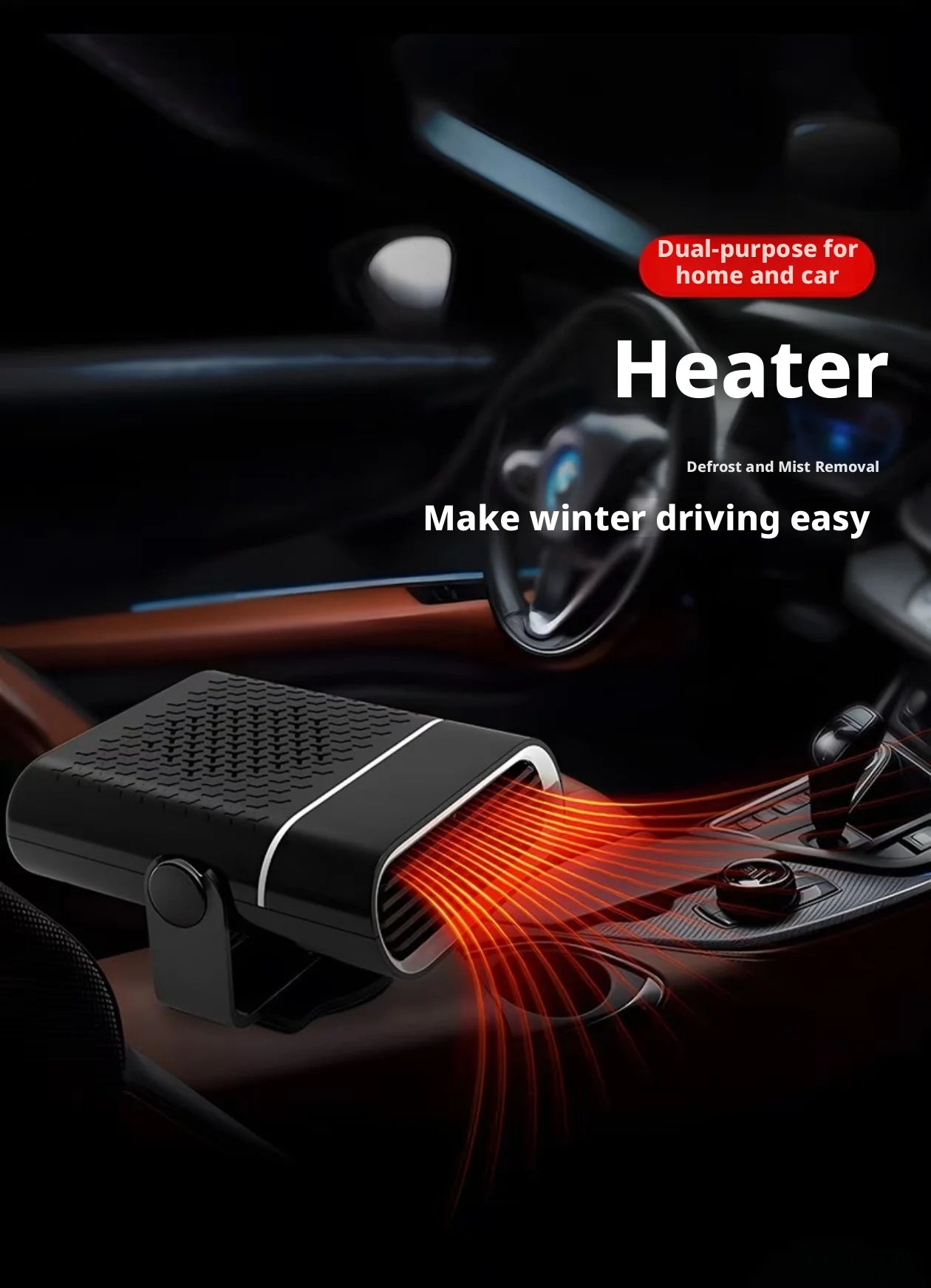 Portable Car Heater with Fast Heating Defrost & Defog Functions | 12V/24V Compatible | Fixed Air Outlet 360° Adjustable Angle