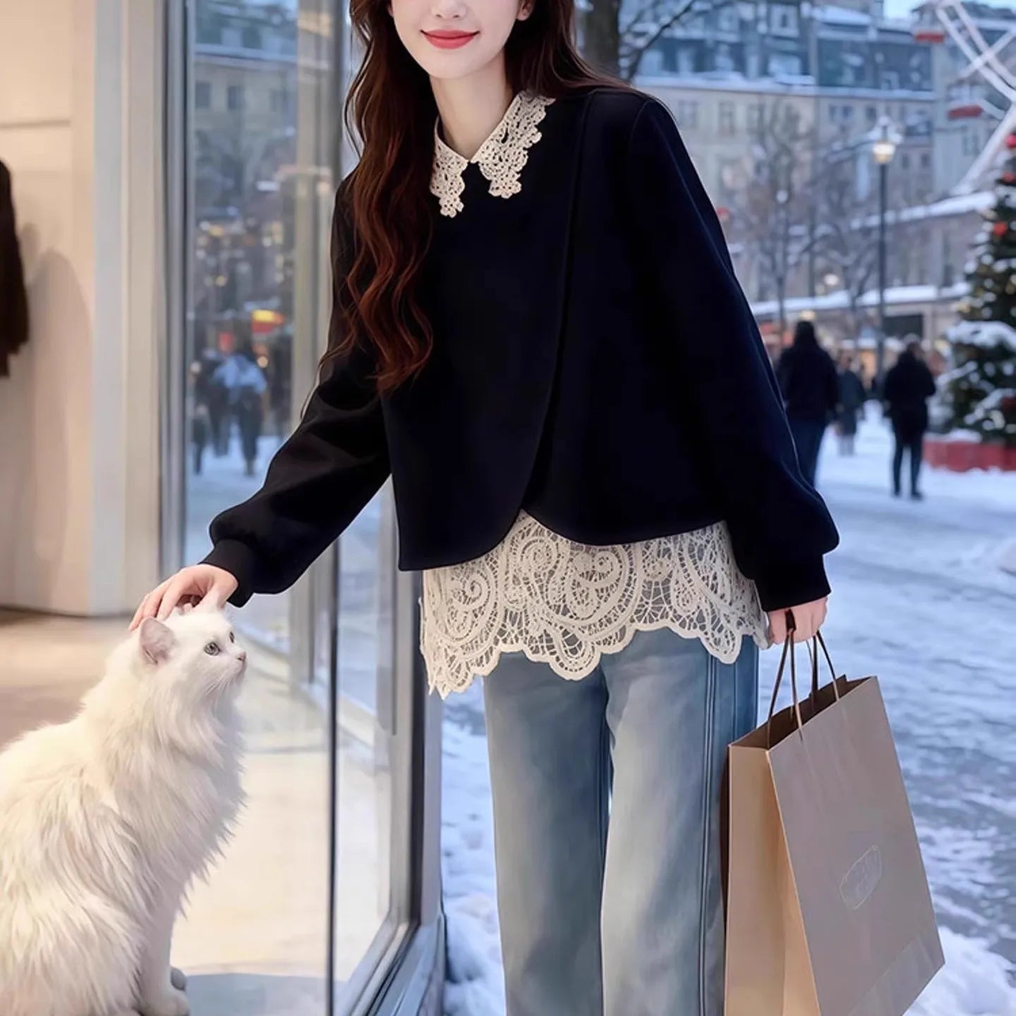 plus Size Lace Splice Loose Fit Sweatshirt Women's Fake Two-Piece Style Autumn Winter New Arrival Korean Commute Fashion