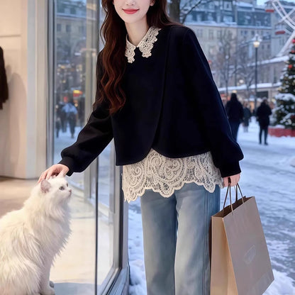 plus Size Lace Splice Loose Fit Sweatshirt Women's Fake Two-Piece Style Autumn Winter New Arrival Korean Commute Fashion