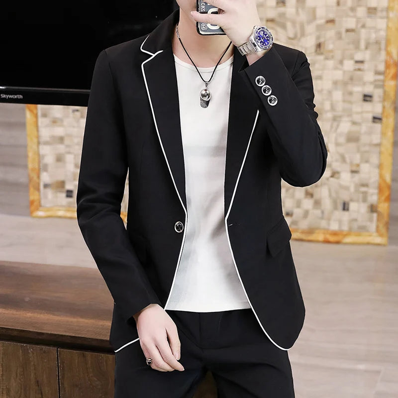Spring 2025 Men's Slim-fit Korean Style Fashion Suit Set Youthful Handsome Two-piece Polyester Suits for Men