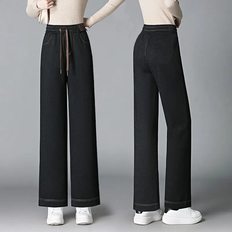 High Waist Fleece Lined Thick Wide Leg Jeans Women's Casual Straight Leg Pants Autumn Winter Loose Fit Comfortable Trousers