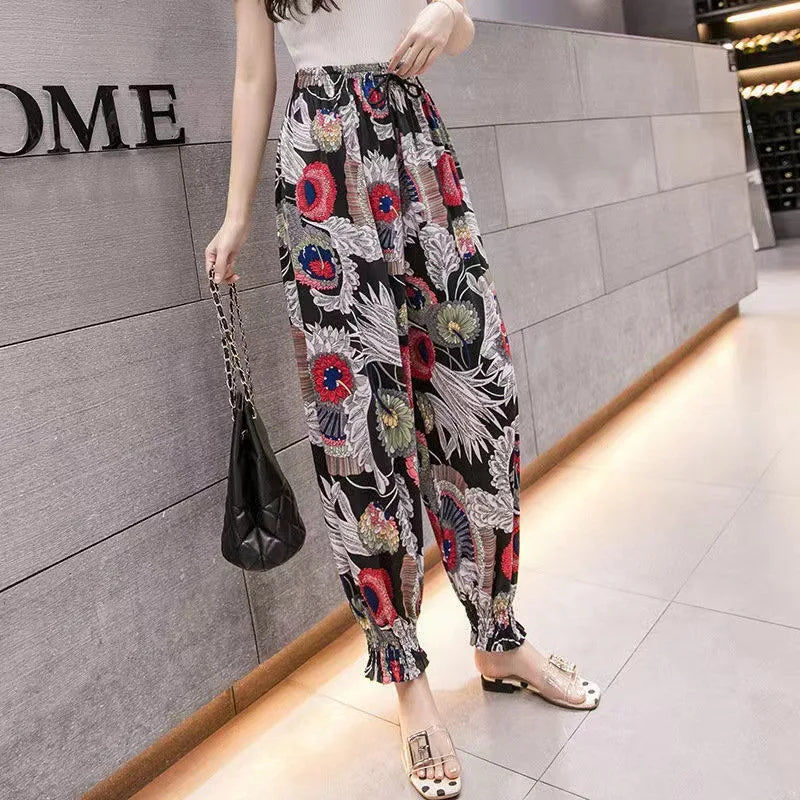 Summer Casual Loose Wide Leg Pants Women's Tie Dye Ink Ice Silk Loose Leopard Print Ethnic Style Long Pants Casual Trousers