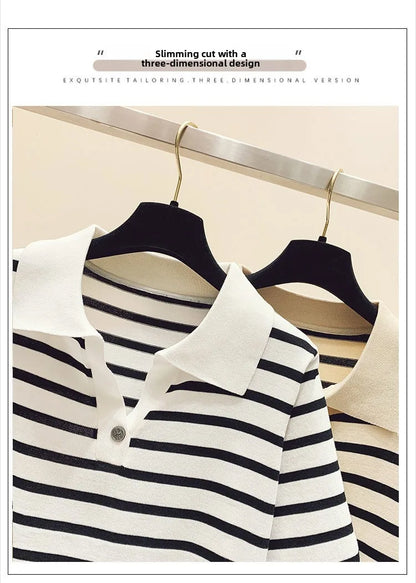 Loose Fit Ice Silk Knitted Short Sleeve T-Shirt Women's Summer Button up Top Slimming Striped  Neck Design plus Size