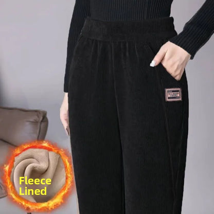High Waist Thickened Fleece Women's Pants Autumn Winter Casual Loose Mom Pants Harlan Style Pocket Detail Elastic Waist
