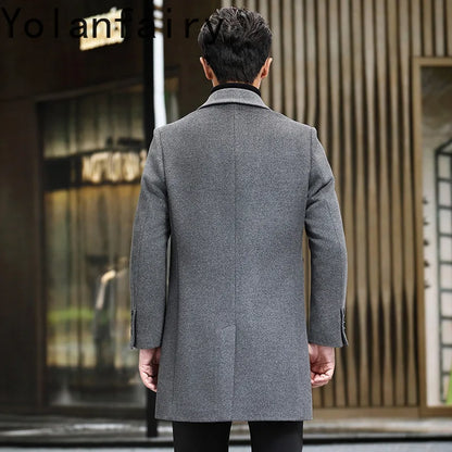 YOLANFAIRY Brand High Quality Sheepskin Spliced Wool Coat Man Jacket Autumn Winter Men's Mid-length Suit Collar Trench Coats