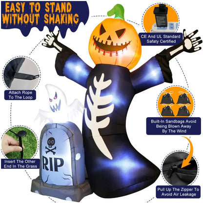 5/8FT Inflatable Halloween Decor Tombstone Ghost Pumpkin Skull Decoration Outdoor Horror House Yard Garden Props Halloween Party