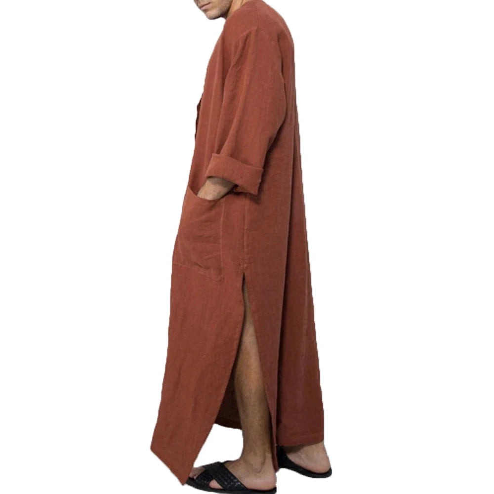 Vintage Muslim Men Islamic Arabic Jubba Thobe Robes Male Long Sleeve Pakistan Dubai Kaftan Abaya Pocket Robes Saudi Arabia Dress