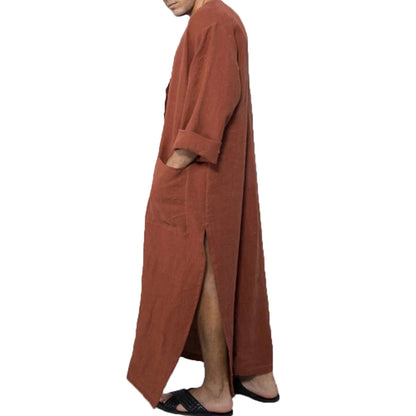 Vintage Muslim Men Islamic Arabic Jubba Thobe Robes Male Long Sleeve Pakistan Dubai Kaftan Abaya Pocket Robes Saudi Arabia Dress