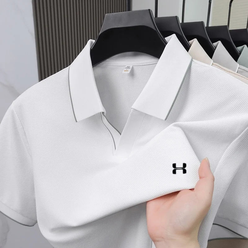 New Summer Men Striped Trim Collar Polo Shirt, Solid Quick Dry Breathable Plain Short Sleeve Top Mens Apparel