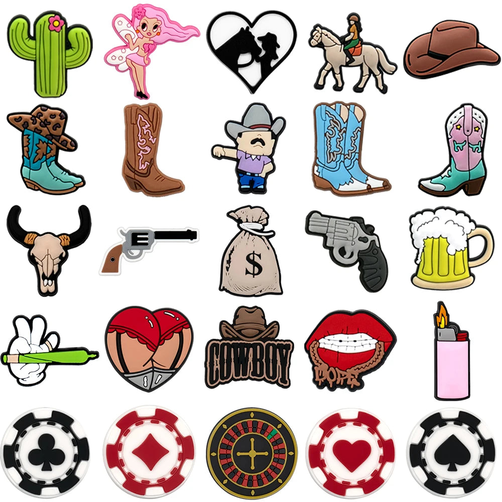 1/25Pcs Western Cowboy Theme PVC Shoe Charms for Clogs, with Hat, Boots, Horse, Poker Chip, Beer Mug Clog DIY Accessories Gifts