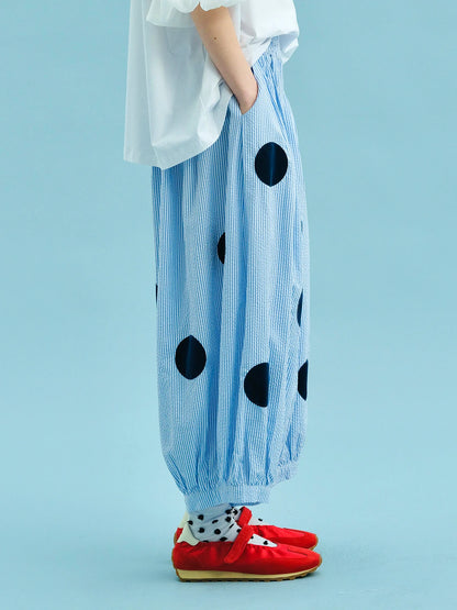 Sky blue pants 2025 imakokoni summer Japanese pure cotton foam yarn blue and white striped polka dot thigh pants 255045