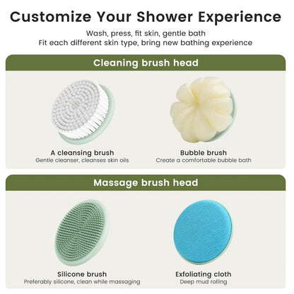 Electric Body Brush 4 Heads Waterproof Long Handle Shower Back Scrubber USB Rechargeable Exfoliating Bath Cleaning Brush
