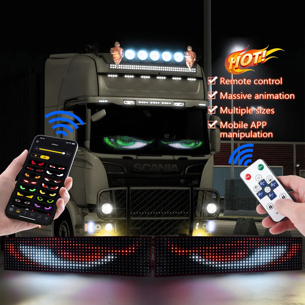 LED Truck Car Devil Eye Dynamic Pixel Panel Light Soft Foldable Lighting Scrolling 12V 24V For Board Windshield APP Remote