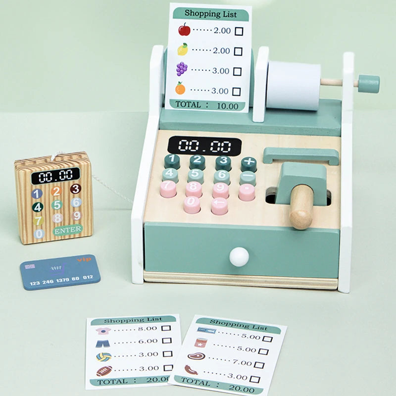 Wooden Simulated Cash Register Pretend Play Toy with Toy Coins and Bills Children Shopping Play House Game for Kids 3 Years Gift