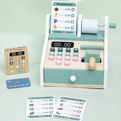 Wooden Simulated Cash Register Pretend Play Toy with Toy Coins and Bills Children Shopping Play House Game for Kids 3 Years Gift