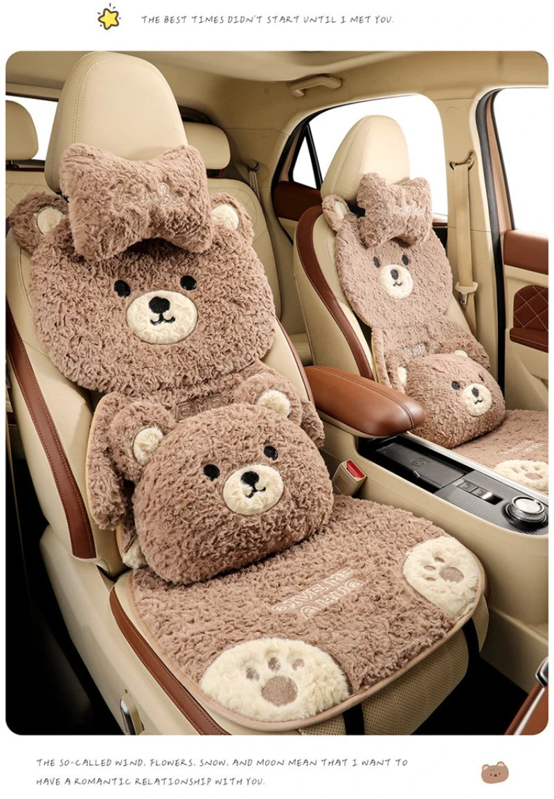 Cartoon 3D Bear Universal Car Seat Cushion Covers Plush Backrest for Autumn Winter Warm Cute Designed Seat Accessories